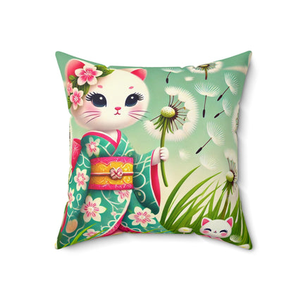 Geisha Kitten and the Dandelion Wish Spun Polyester Square Pillow
