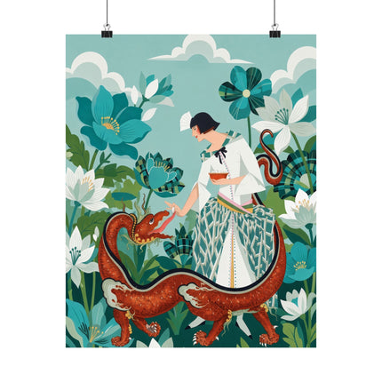 🐉🌿 The Lady Of The Enchanted Dragon Matte Vertical Poster – Art Deco Botanical Whimsy