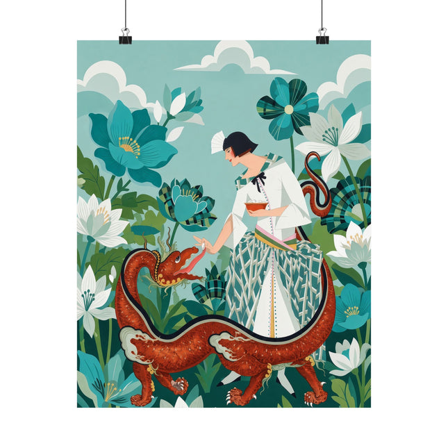 🐉🌿 The Lady Of The Enchanted Dragon Matte Vertical Poster – Art Deco Botanical Whimsy