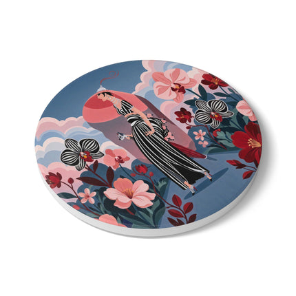 🌸🖤 The Striped Orchid Promenade Ceramic Coaster – Art Deco Floral Fashion