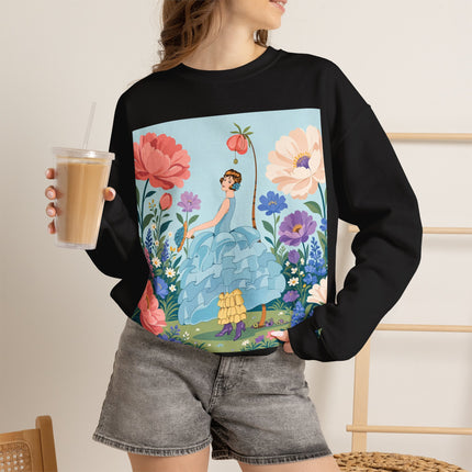 🌸🩵 The Blue Ruffle Garden Crewneck Sweatshirt – Art Deco Floral Whimsy