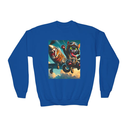 Parachuting Cat Commando Youth Crewneck Sweatshirt – High-Flying Adventure & Bold Fun
