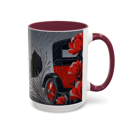 ☔🌹 The Scarlet Rainstorm Promenade Colorful Mug – Art Deco Motoring Elegance