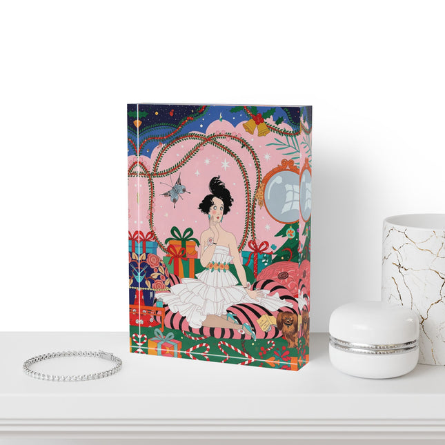 🎀🎄 Christmas Morning In The Rose Parlor Acrylic Art Block – Art Deco Holiday Fantasy