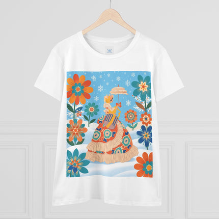 🌼❄️ The Winter Parasol Lady Cotton Tee – Art Deco Floral Fantasy