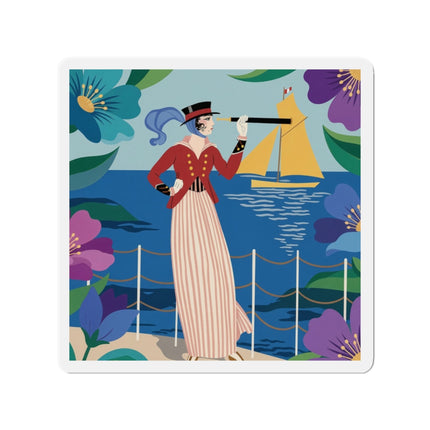 🌊🔭 The Lady Of The Seaside Lookout Die-Cut Magnets – Art Deco Nautical Adventure