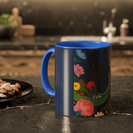 The Lady And The Crimson Moonbird Colorful Mugs – Art Deco Whimsical Garden Elegance