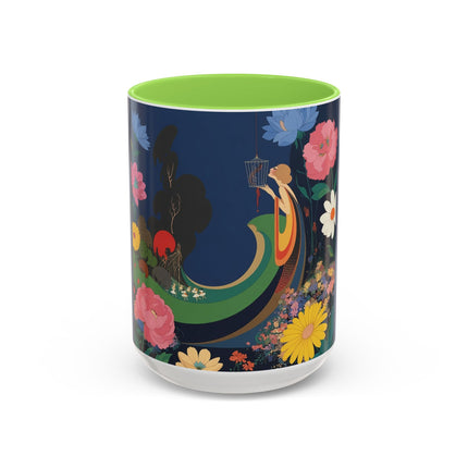 The Lady And The Crimson Moonbird Colorful Mugs – Art Deco Whimsical Garden Elegance