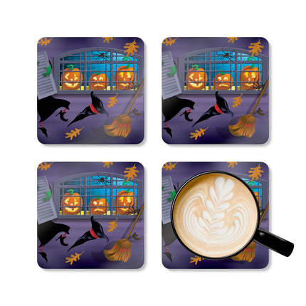 Whimsical Halloween Mischief Corkwood Coaster Set