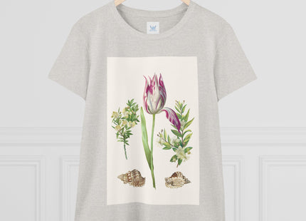 Tulip flower with Two Branches of Myrtle and Shells Cotton Tee