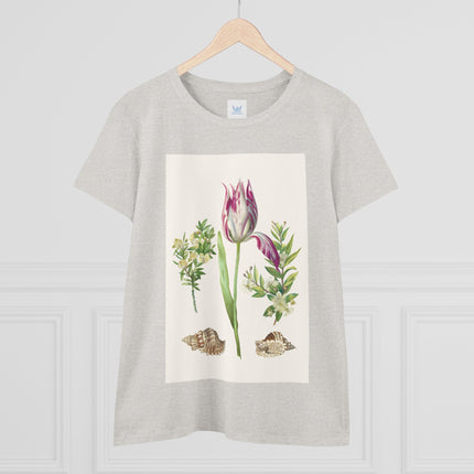 Tulip flower with Two Branches of Myrtle and Shells Cotton Tee