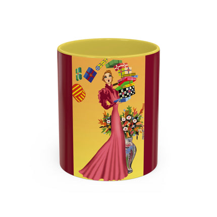 Elegant Holiday Woman with Gifts Colorful Mugs (11oz, 15oz)