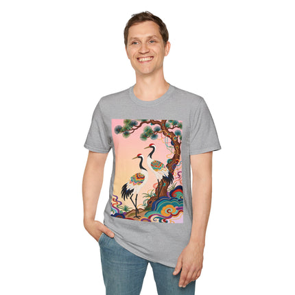 🐦🌸 The Enchanted Crane Garden Softstyle T-Shirt – Oriental Elegance & Colorful Harmony