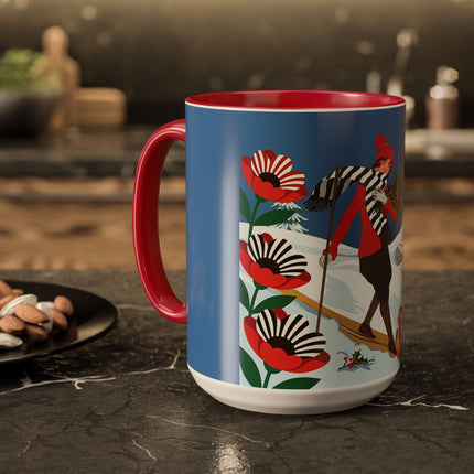 🎿🎄 The Christmas Holly Skier Colorful Mug – Whimsical Holiday Fantasy
