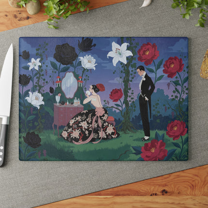 🌹🪞 The Lady Of The Midnight Garden Vanity Glass Cutting Board – Art Deco Floral Romance