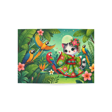 🌺🦜 The Tropical Parrot Kimono Kitten Greeting Card – Whimsical Jungle Elegance