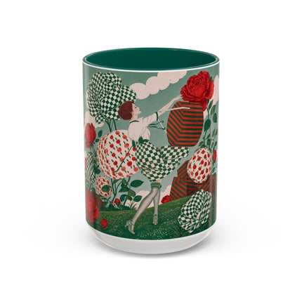 🌹💚 The Scarlet Rose Checkerboard Garden Colorful Mug – Art Deco Floral Whimsy