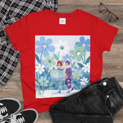 🌸🎭 The Little Dancers In The Flower Garden Cotton Tee – Art Deco Floral Whimsy