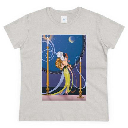 Smoke and Secrets: A Glamorous Encounter in Prohibition Era Women's Midweight Cotton Tee
