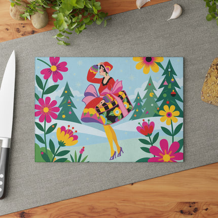 🌸❄️ The Lady Of The Colorful Winter Garden Glass Cutting Board – Art Deco Holiday Fantasy