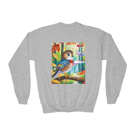 Baby Hawk Plays in Forest Youth Crewneck Sweatshirt – Woodland Wonder & Playful Discovery