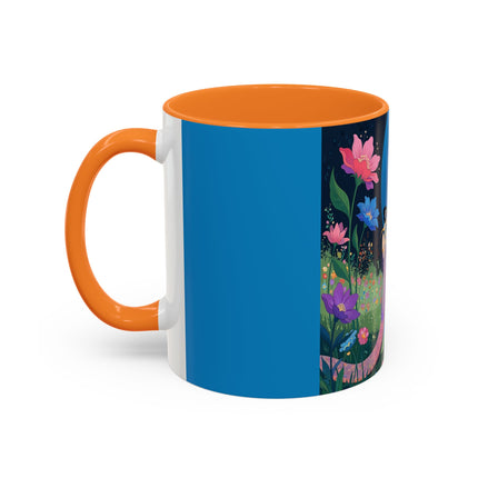 The Lady And The Moonlit Peak Colorful Mugs – Art Deco Alpine Garden Elegance