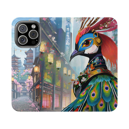 🦚🌸 Techno Plumes Peacock Flip Case – Neon Elegance & Sakura Dreams
