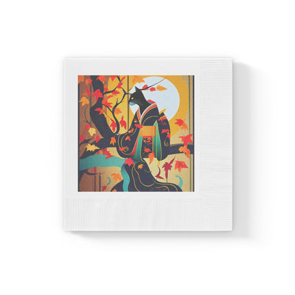 Black Cat in Kimono White Coined Napkins