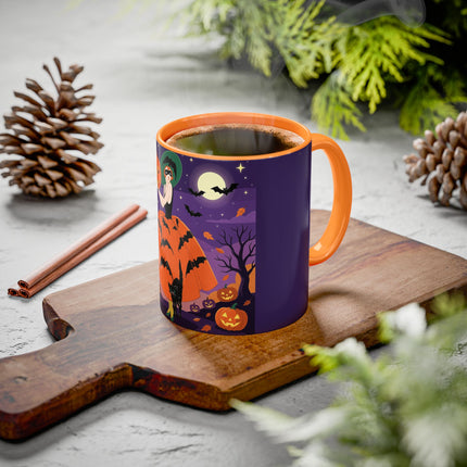 🎃🌕 The Pumpkin Moon Enchantress Colorful Mug – Elegant Halloween Masquerade