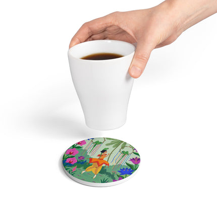 🦜🌺 The Parrot Dancer Ceramic Coaster – Art Deco Tropical Whimsy