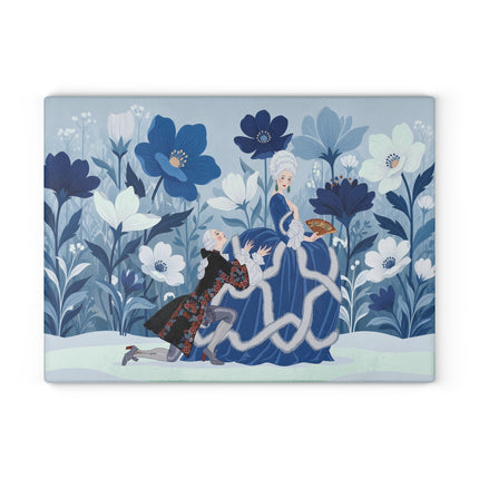 💙❄️ The Winter Courtship Glass Cutting Board – Art Deco Floral Romance