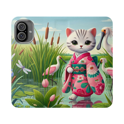 🦩🌸 Geisha Kitten Strolls Among the Spoonbills Flip Case – Serene Grace & Marshland Wonder