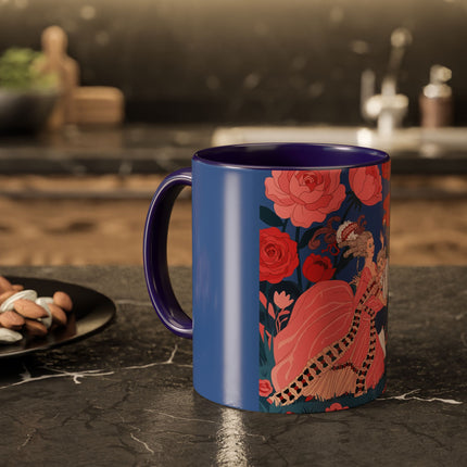 The Lady And The Scarlet Macaw Colorful Mugs – Art Deco Floral Elegance
