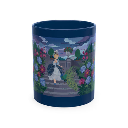🦚🌸 The Lady & The Peacock On The Garden Steps Ceramic Mug – Art Deco Garden Elegance
