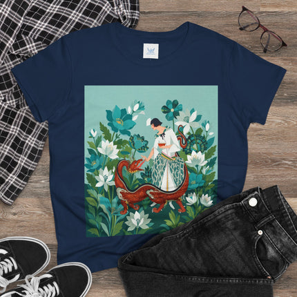 🐉🌿 The Dragon Keeper Cotton Tee – Art Deco Floral Fantasy