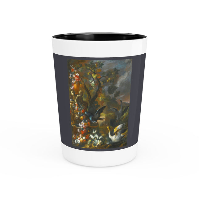 Still Life With Birds Beside An Ornate Fountain by Nicola Casissa Ceramic Shot Glass