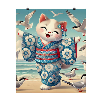 🌊🐱 Geisha Kitten by the Seaside Matte Vertical Poster – Coastal Charm & Ocean Breeze
