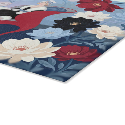 🌺💌 The Lady Of The Scarlet Chaise Glass Cutting Board – Art Deco Floral Fashion Elegance