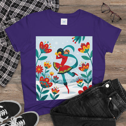 ⛸️🌺 The Winter Flower Skater Cotton Tee – Whimsical Winter Fashion