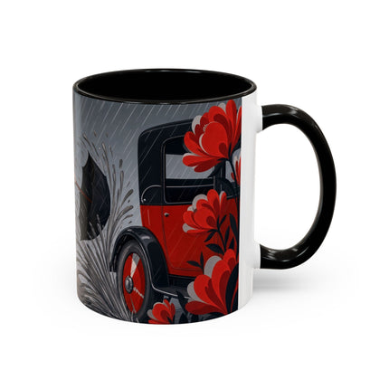 ☔🌹 The Scarlet Rainstorm Promenade Colorful Mug – Art Deco Motoring Elegance