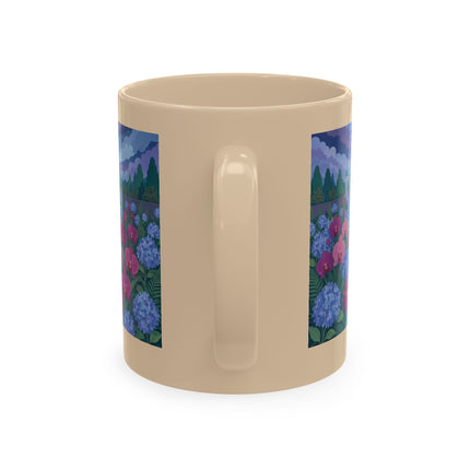 🦚🌸 The Lady & The Peacock On The Garden Steps Ceramic Mug – Art Deco Garden Elegance