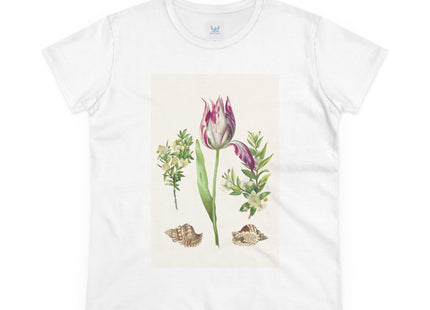 Tulip flower with Two Branches of Myrtle and Shells Cotton Tee