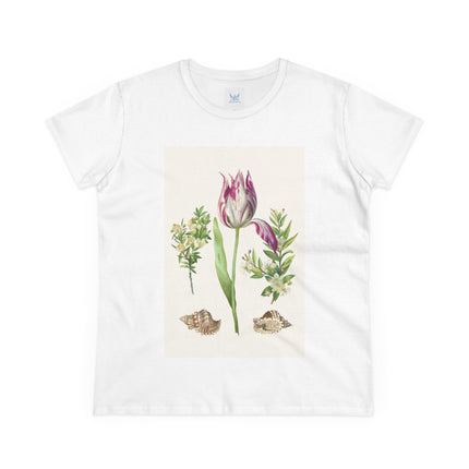 Tulip flower with Two Branches of Myrtle and Shells Cotton Tee