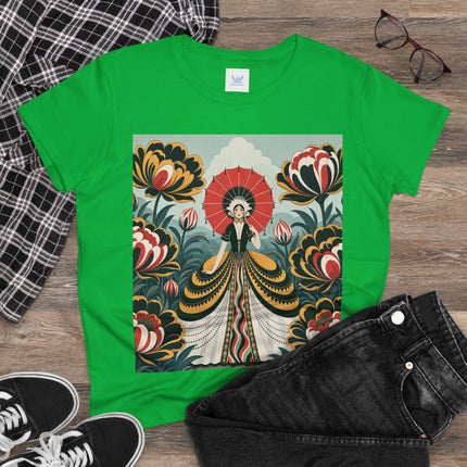 ❤️🌺 The Scarlet Parasol Garden Cotton Tee – Art Deco Floral Elegance