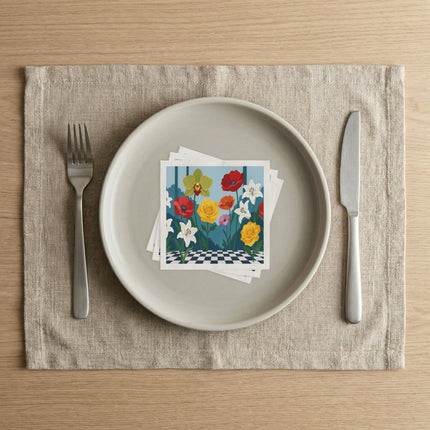 🌺🌹 The Enchanted Checkerboard Flower Garden Napkins – Art Deco Floral Whimsy