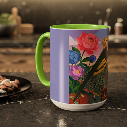 The Lady And The Crimson Birdcage Colorful Mugs – Art Deco Tropical Garden Elegance