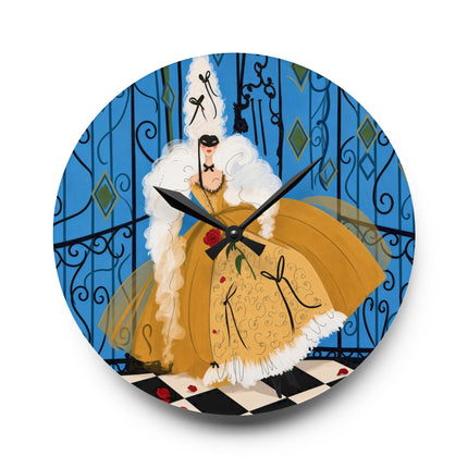 🎭🌹 The Lady Of The Golden Masquerade Acrylic Wall Clock – Art Deco Fashion Elegance
