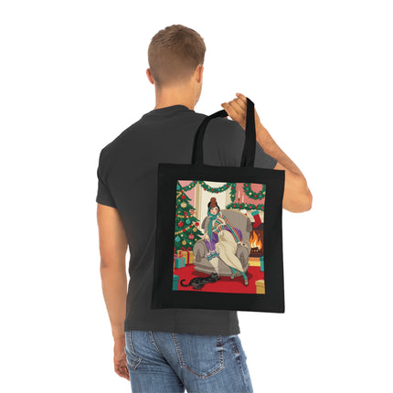 🔥🎄 The Lady Of The Christmas Hearth Cotton Tote Bag – Art Deco Holiday Warmth