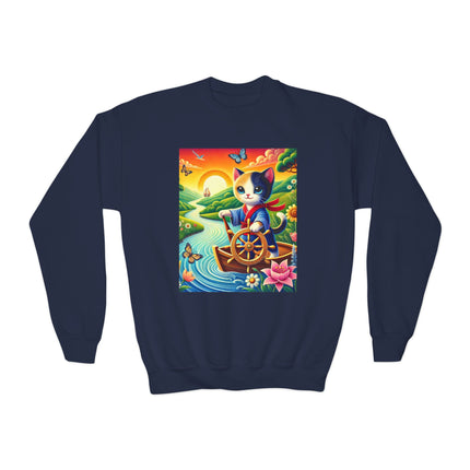 Sailor Kitten’s River Adventure Youth Crewneck Sweatshirt – Exploration, Joy & Storybook Adventure