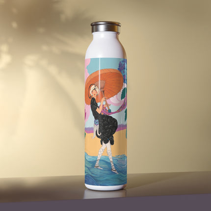 🌸☂️ The Lady With The Orange Parasol Slim Water Bottle – Art Deco Floral Whimsy